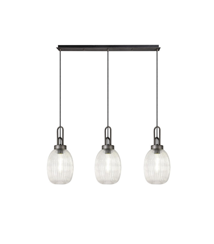 Yorktown Linear 3 Light Pendant 20cm Almond Ribbed Glass Aged Pewter/Matt Black Clear-1