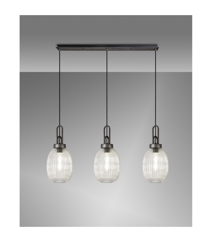 Yorktown Linear 3 Light Pendant 20cm Almond Ribbed Glass Aged Pewter/Matt Black Clear-3