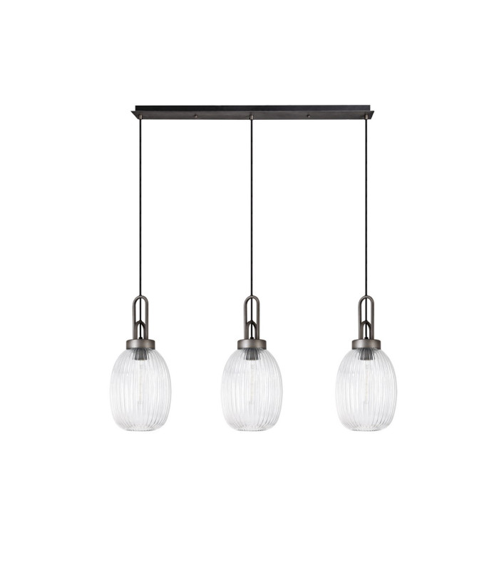 Yorktown Linear 3 Light Pendant 20cm Almond Ribbed Glass Aged Pewter/Matt Black Clear-4