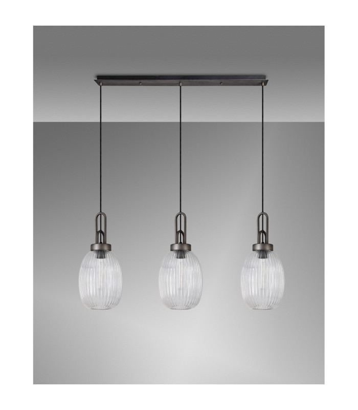 Yorktown Linear 3 Light Pendant 20cm Almond Ribbed Glass Aged Pewter/Matt Black Clear-10