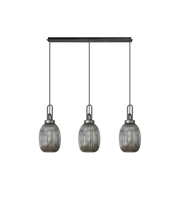 Yorktown Linear 3 Light Pendant 20cm Almond Ribbed Glass Aged Pewter/Matt Black Smoked-1