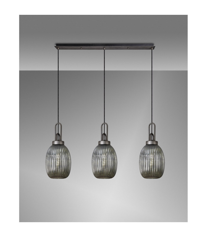 Yorktown Linear 3 Light Pendant 20cm Almond Ribbed Glass Aged Pewter/Matt Black Smoked-3