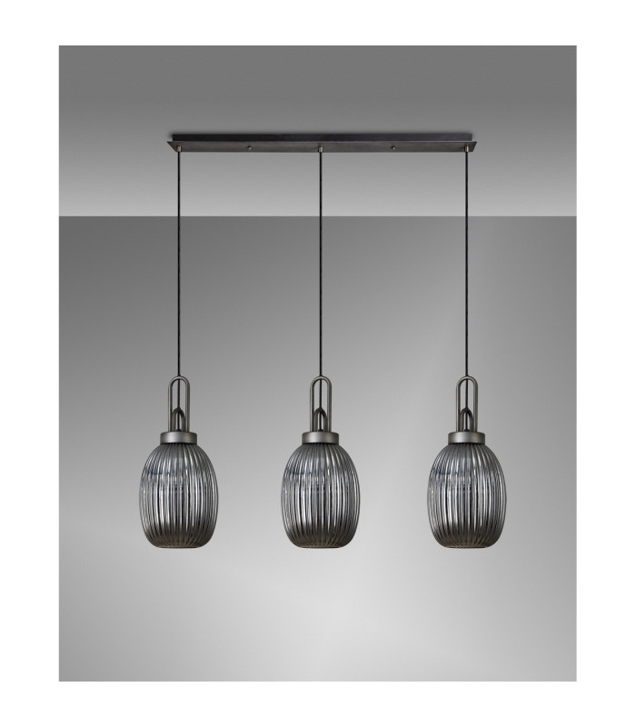 Yorktown Linear 3 Light Pendant 20cm Almond Ribbed Glass Aged Pewter/Matt Black Smoked-10