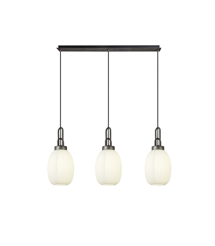 Yorktown Linear 3 Light Pendant 20cm Almond Ribbed Glass Aged Pewter/Matt Black Opal-1