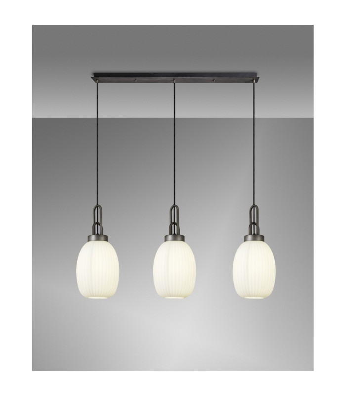 Yorktown Linear 3 Light Pendant 20cm Almond Ribbed Glass Aged Pewter/Matt Black Opal-3
