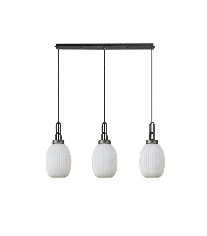 Yorktown Linear 3 Light Pendant 20cm Almond Ribbed Glass Aged Pewter/Matt Black Opal-4