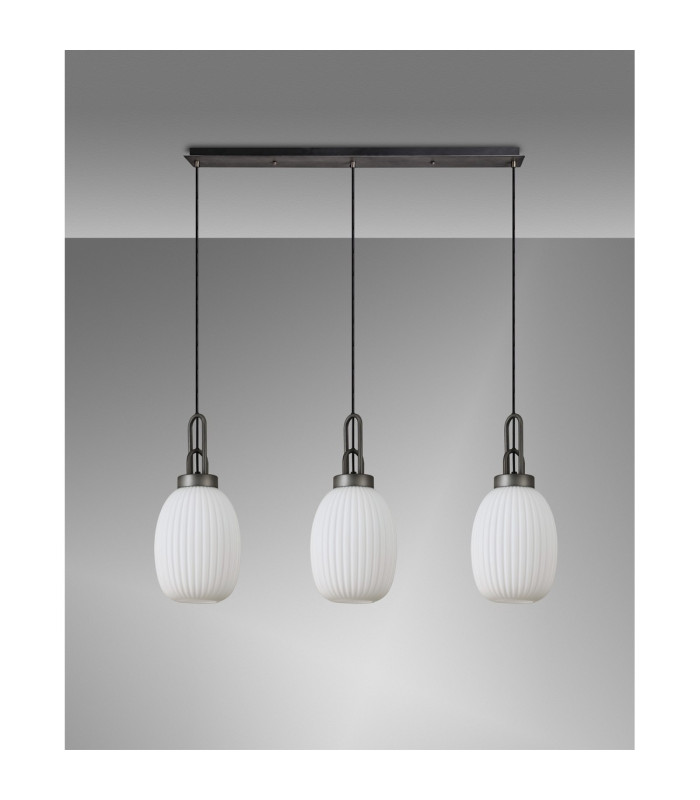 Yorktown Linear 3 Light Pendant 20cm Almond Ribbed Glass Aged Pewter/Matt Black Opal-10
