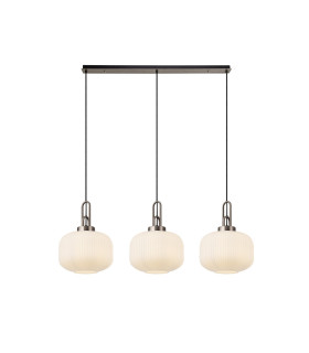 Yorktown Linear 3 Light Pendant E27 Antique Silver/Matt Black 30cm Pumpkin Shaped Ribbed Opal Glass-1