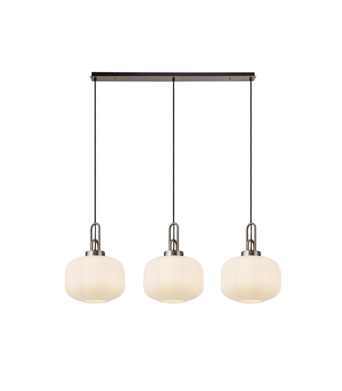 Yorktown Linear 3 Light Pendant E27 Antique Silver/Matt Black 30cm Pumpkin Shaped Ribbed Opal Glass-1