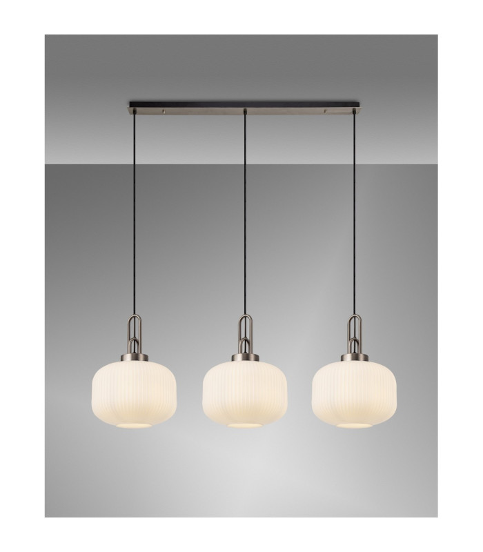 Yorktown Linear 3 Light Pendant E27 Antique Silver/Matt Black 30cm Pumpkin Shaped Ribbed Opal Glass-3