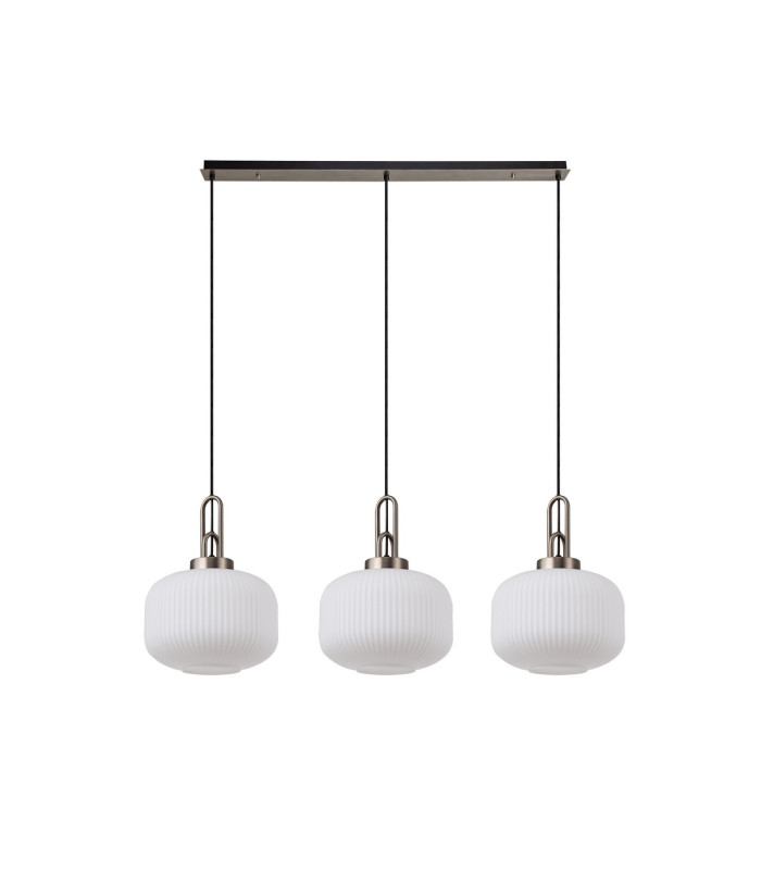 Yorktown Linear 3 Light Pendant E27 Antique Silver/Matt Black 30cm Pumpkin Shaped Ribbed Opal Glass-4