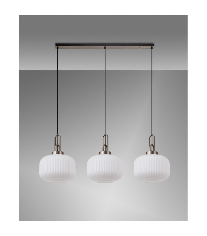 Yorktown Linear 3 Light Pendant E27 Antique Silver/Matt Black 30cm Pumpkin Shaped Ribbed Opal Glass-11