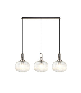 Yorktown Linear 3 Light Pendant E27 Antique Silver/Matt Black 30cm Pumpkin Shaped Ribbed Clear Glass-1