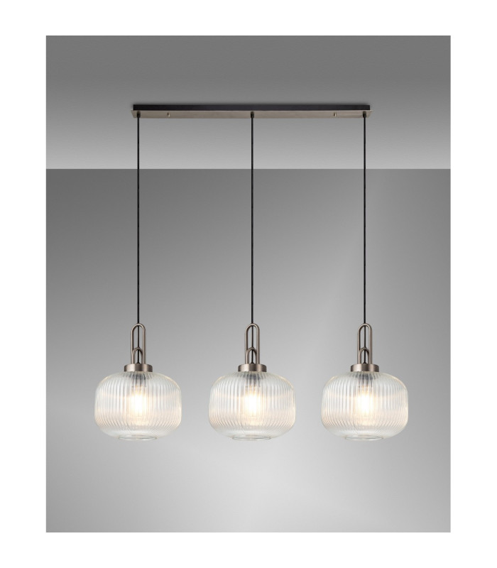 Yorktown Linear 3 Light Pendant E27 Antique Silver/Matt Black 30cm Pumpkin Shaped Ribbed Clear Glass-3
