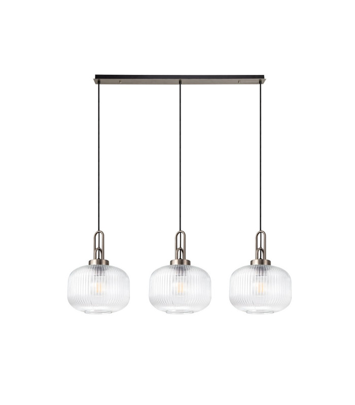 Yorktown Linear 3 Light Pendant E27 Antique Silver/Matt Black 30cm Pumpkin Shaped Ribbed Clear Glass-4
