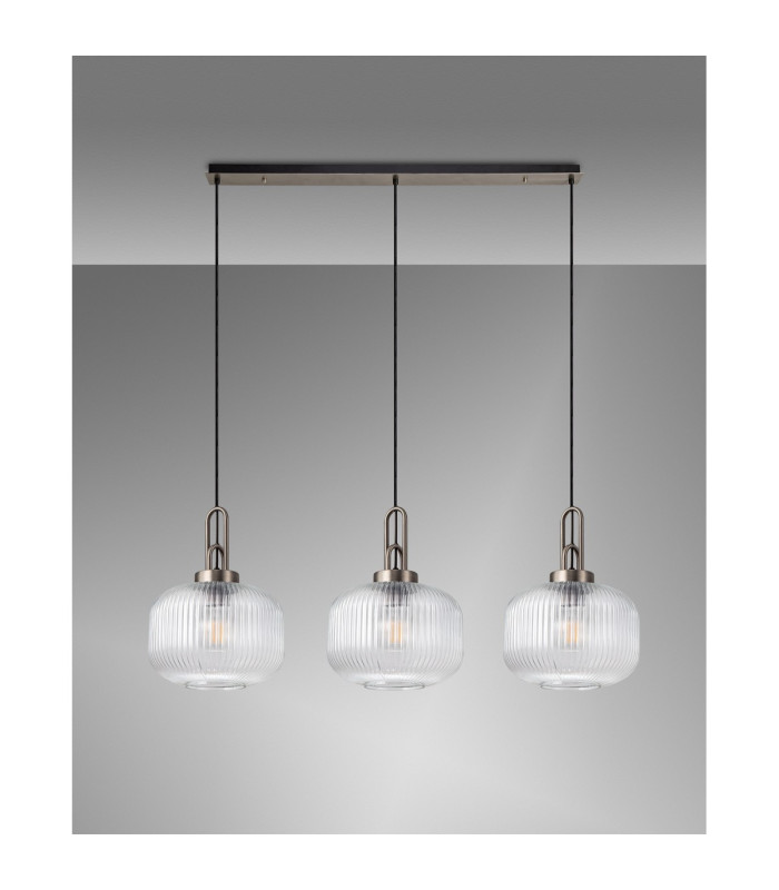 Yorktown Linear 3 Light Pendant E27 Antique Silver/Matt Black 30cm Pumpkin Shaped Ribbed Clear Glass-11