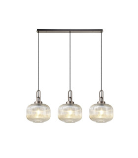 Yorktown Linear 3 Light Pendant E27 Antique Silver/Matt Black 30cm Pumpkin Shaped Ribbed Champagne Glass-1