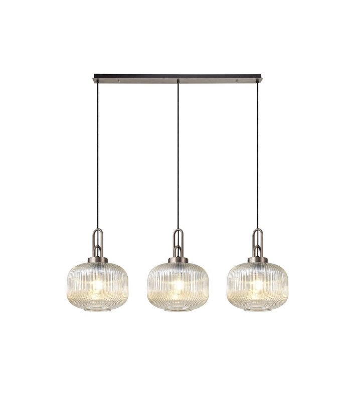 Yorktown Linear 3 Light Pendant E27 Antique Silver/Matt Black 30cm Pumpkin Shaped Ribbed Champagne Glass-1