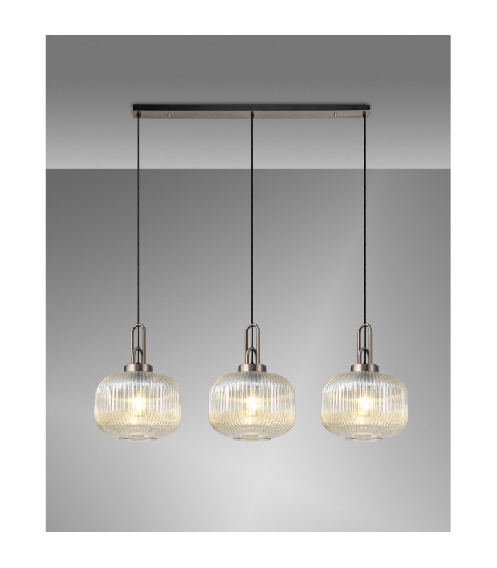 Yorktown Linear 3 Light Pendant E27 Antique Silver/Matt Black 30cm Pumpkin Shaped Ribbed Champagne Glass-3