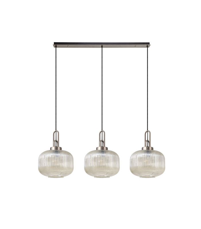 Yorktown Linear 3 Light Pendant E27 Antique Silver/Matt Black 30cm Pumpkin Shaped Ribbed Champagne Glass-4