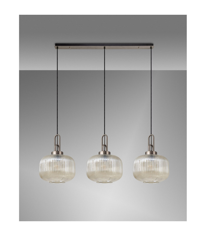 Yorktown Linear 3 Light Pendant E27 Antique Silver/Matt Black 30cm Pumpkin Shaped Ribbed Champagne Glass-11