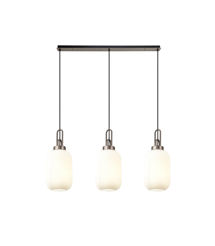 Yorktown Linear 3 Light Pendant 20cm Tubular Ribbed Glass Antique Silver/Matt Black Opal-1