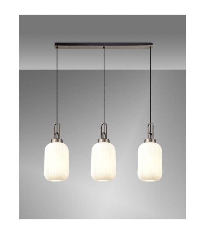 Yorktown Linear 3 Light Pendant 20cm Tubular Ribbed Glass Antique Silver/Matt Black Opal-3