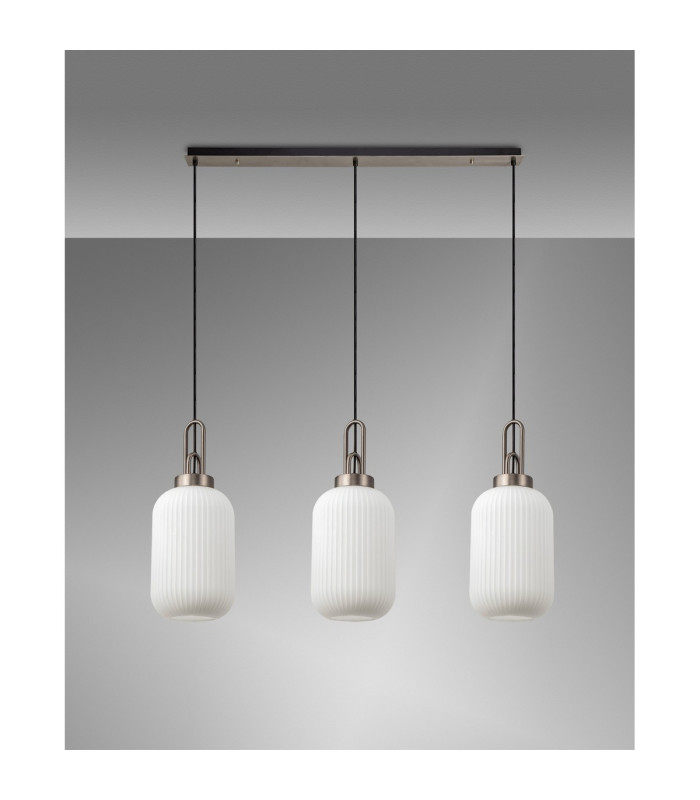 Yorktown Linear 3 Light Pendant 20cm Tubular Ribbed Glass Antique Silver/Matt Black Opal-10
