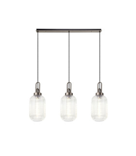 Yorktown Linear 3 Light Pendant 20cm Tubular Ribbed Glass Antique Silver/Matt Black Clear-1