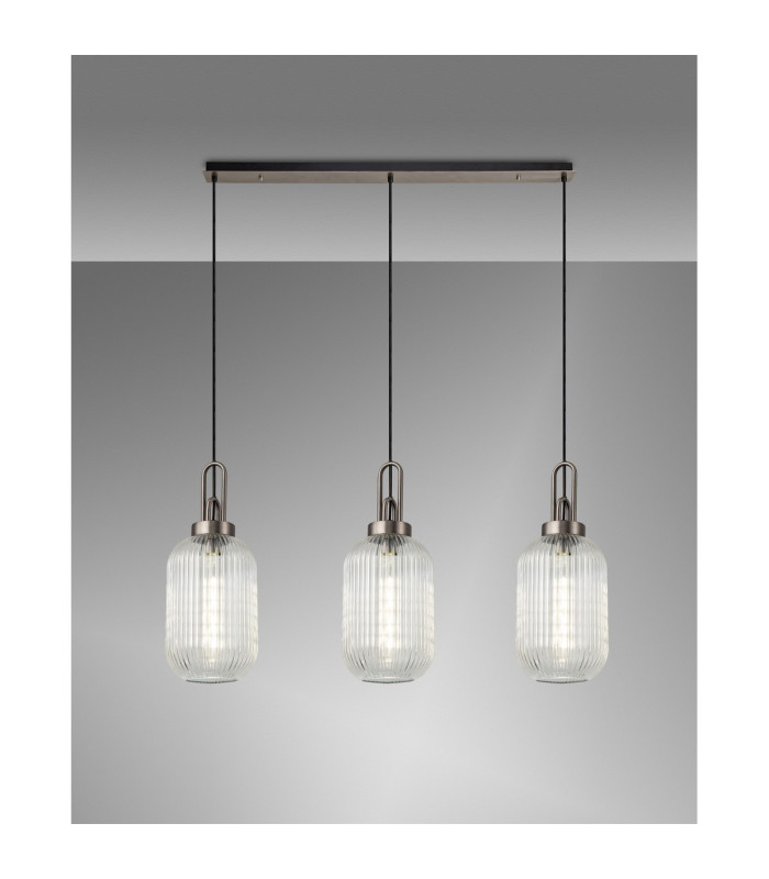 Yorktown Linear 3 Light Pendant 20cm Tubular Ribbed Glass Antique Silver/Matt Black Clear-3