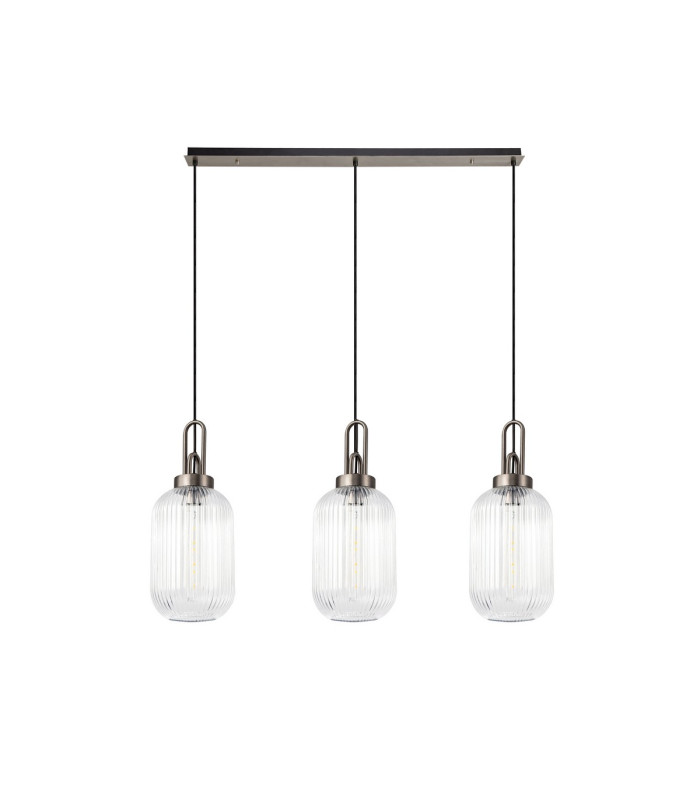 Yorktown Linear 3 Light Pendant 20cm Tubular Ribbed Glass Antique Silver/Matt Black Clear-4