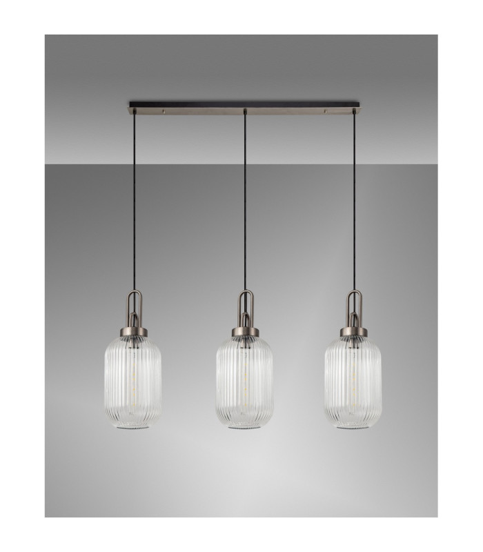 Yorktown Linear 3 Light Pendant 20cm Tubular Ribbed Glass Antique Silver/Matt Black Clear-11