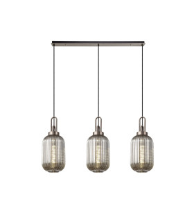 Yorktown Linear 3 Light Pendant 20cm Tubular Ribbed Glass Antique Silver/Matt Black Smoked-1