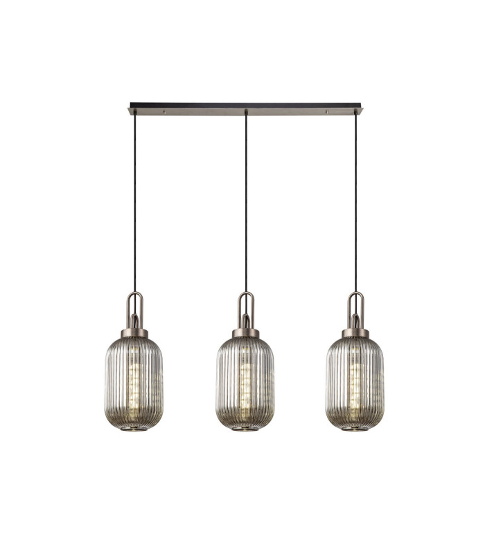 Yorktown Linear 3 Light Pendant 20cm Tubular Ribbed Glass Antique Silver/Matt Black Smoked-1