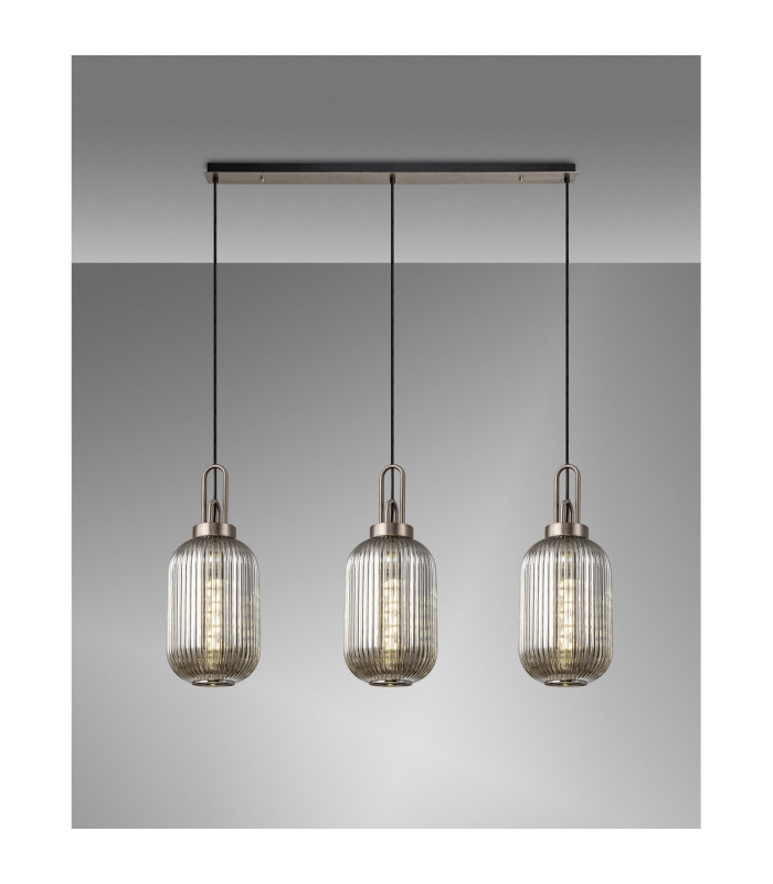Yorktown Linear 3 Light Pendant 20cm Tubular Ribbed Glass Antique Silver/Matt Black Smoked-3