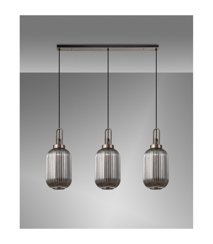 Yorktown Linear 3 Light Pendant 20cm Tubular Ribbed Glass Antique Silver/Matt Black Smoked-11