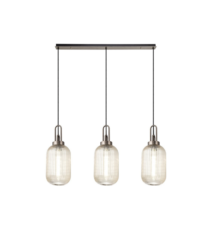 Yorktown Linear 3 Light Pendant 20cm Tubular Ribbed Glass Antique Silver/Matt Black Champagne-1