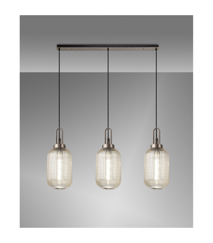 Yorktown Linear 3 Light Pendant 20cm Tubular Ribbed Glass Antique Silver/Matt Black Champagne-3