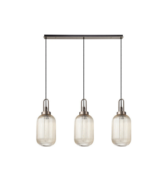 Yorktown Linear 3 Light Pendant 20cm Tubular Ribbed Glass Antique Silver/Matt Black Champagne-4