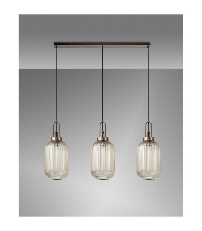 Yorktown Linear 3 Light Pendant 20cm Tubular Ribbed Glass Antique Silver/Matt Black Champagne-11