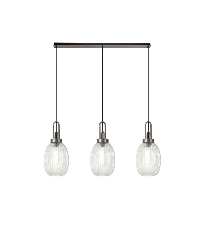 Yorktown Linear 3 Light Pendant 20cm Almond Ribbed Glass Antique Silver/Matt Black Clear-1