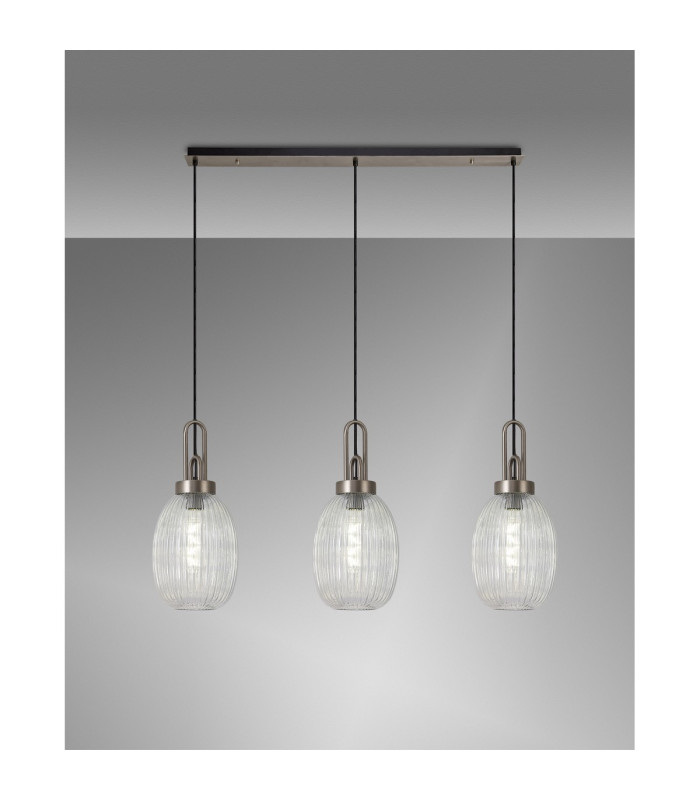 Yorktown Linear 3 Light Pendant 20cm Almond Ribbed Glass Antique Silver/Matt Black Clear-3