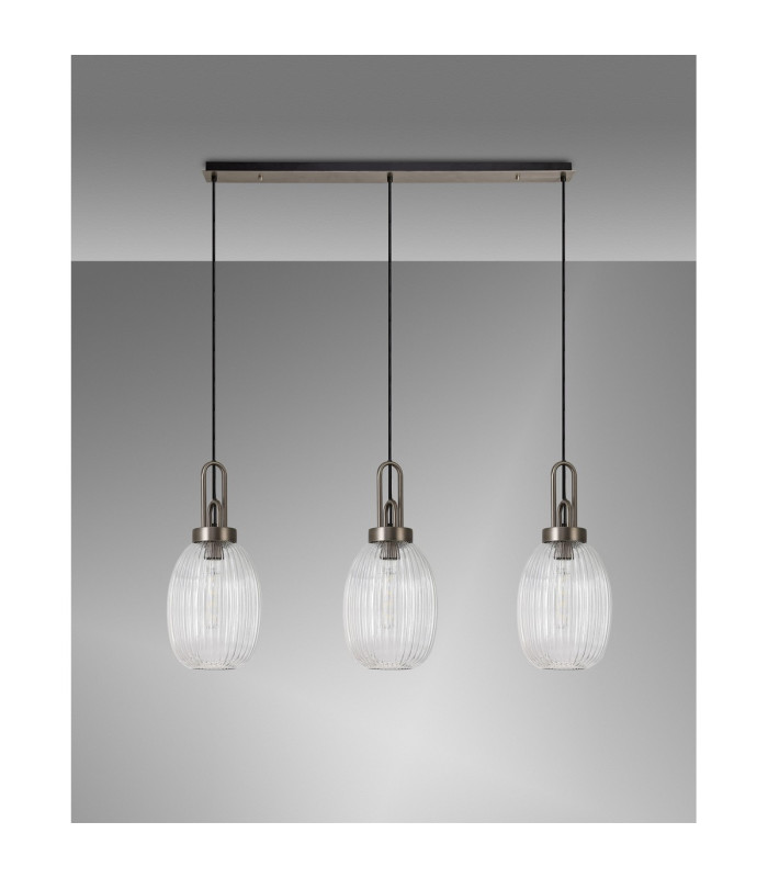 Yorktown Linear 3 Light Pendant 20cm Almond Ribbed Glass Antique Silver/Matt Black Clear-10