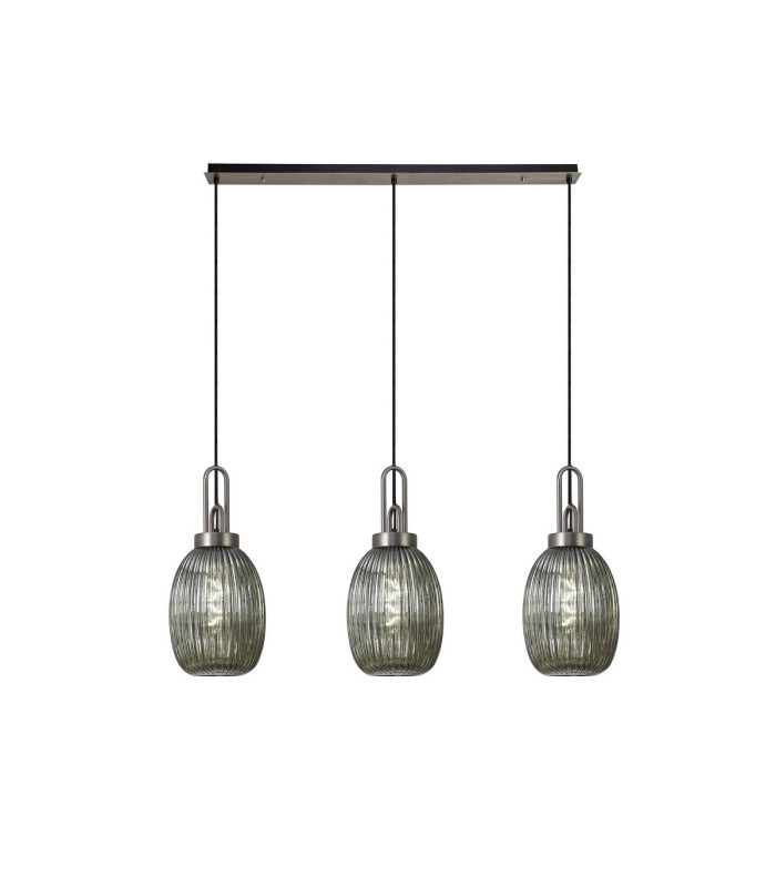 Yorktown Linear 3 Light Pendant 20cm Almond Ribbed Glass Antique Silver/Matt Black Smoked-1