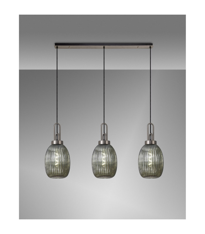 Yorktown Linear 3 Light Pendant 20cm Almond Ribbed Glass Antique Silver/Matt Black Smoked-3