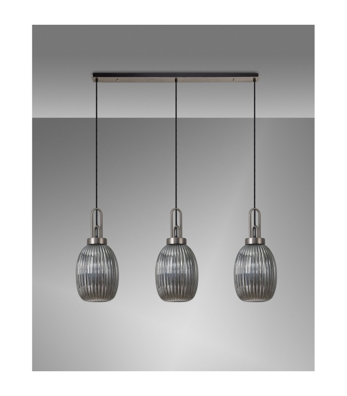 Yorktown Linear 3 Light Pendant 20cm Almond Ribbed Glass Antique Silver/Matt Black Smoked-10