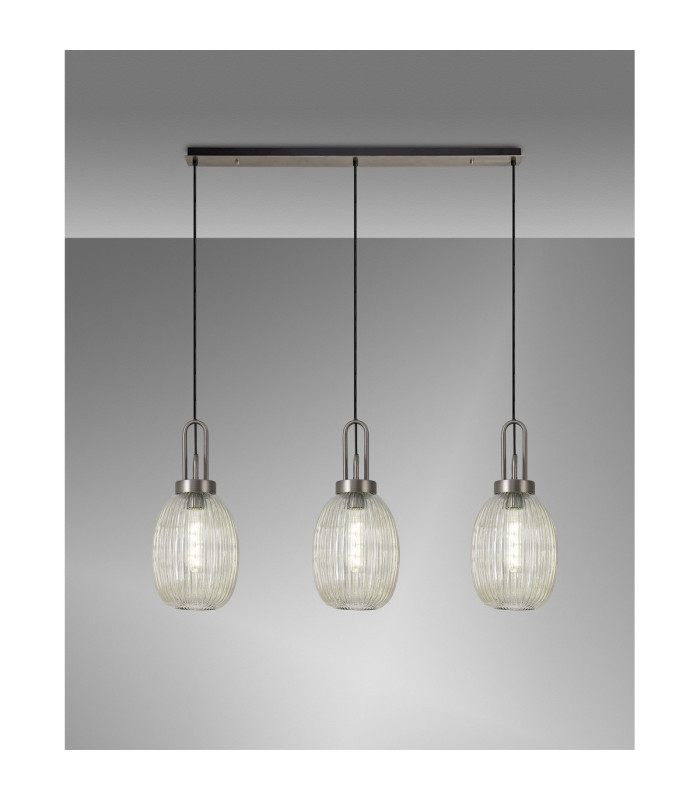 Yorktown Linear 3 Light Pendant 20cm Almond Ribbed Glass Antique Silver/Matt Black Champagne-3