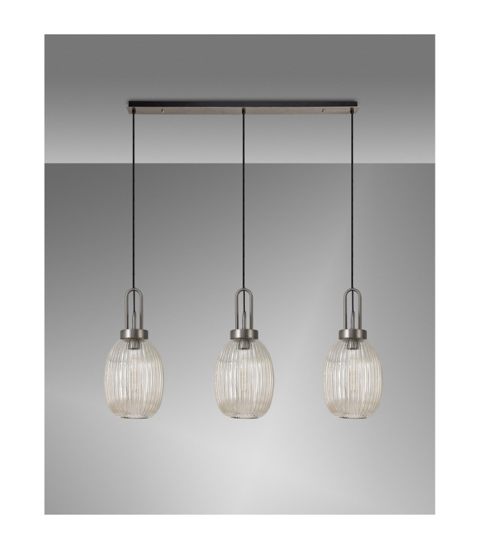 Yorktown Linear 3 Light Pendant 20cm Almond Ribbed Glass Antique Silver/Matt Black Champagne-11