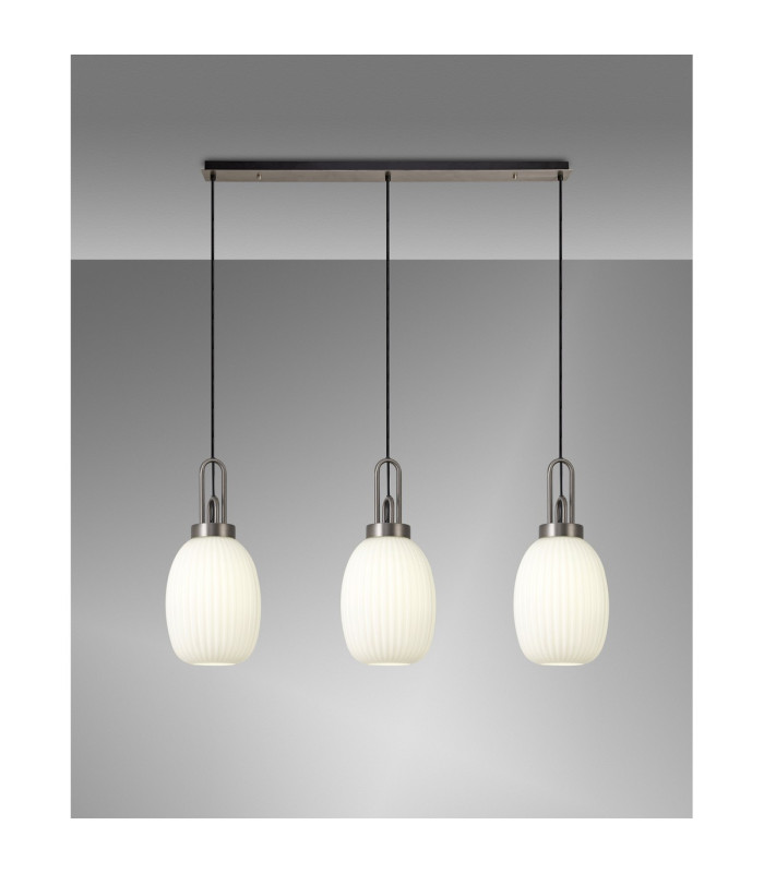 Yorktown Linear 3 Light Pendant 20cm Almond Ribbed Glass Antique Silver/Matt Black Opal-3