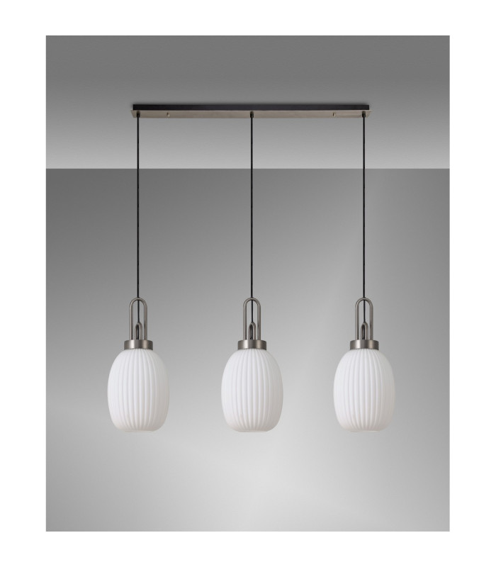 Yorktown Linear 3 Light Pendant 20cm Almond Ribbed Glass Antique Silver/Matt Black Opal-10